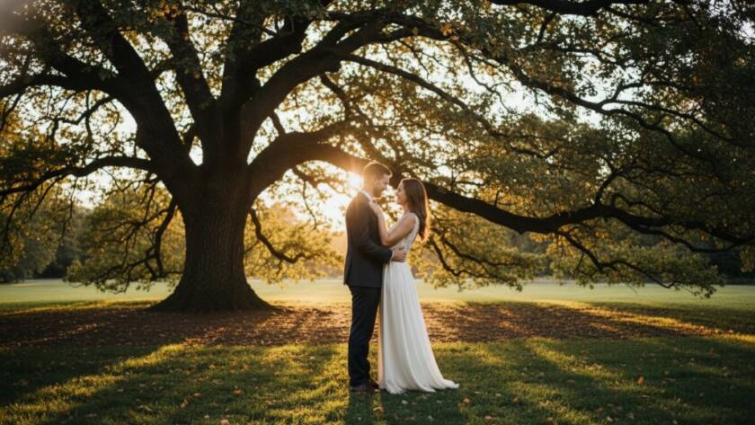 An epic moment captured in romantic pre-wedding photography Mont Albert Gardens Victoria, showing a couple embracing under a grand, old tree at sunset, with golden light filtering through the leaves and a soft bokeh background, conveying timeless love and serenity.
