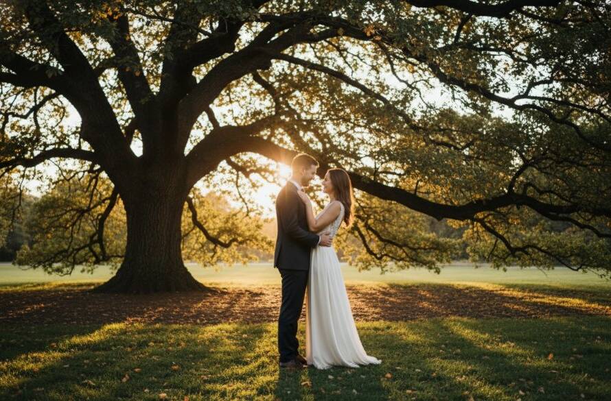 An epic moment captured in romantic pre-wedding photography Mont Albert Gardens Victoria, showing a couple embracing under a grand, old tree at sunset, with golden light filtering through the leaves and a soft bokeh background, conveying timeless love and serenity.