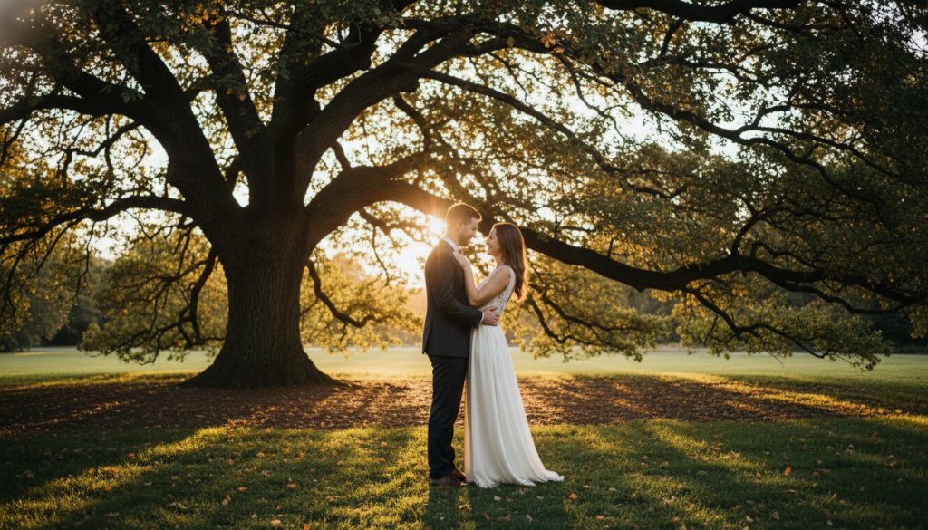 An epic moment captured in romantic pre-wedding photography Mont Albert Gardens Victoria, showing a couple embracing under a grand, old tree at sunset, with golden light filtering through the leaves and a soft bokeh background, conveying timeless love and serenity.