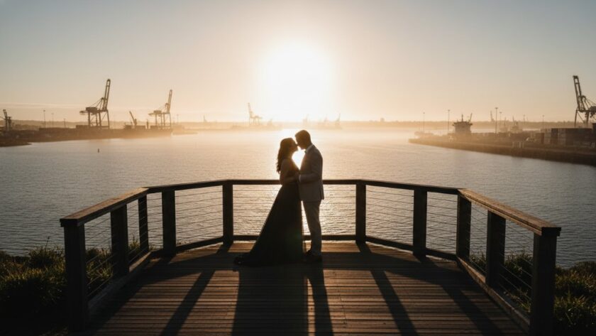 An epic moment captured during a Romantic Pre-Wedding Photography North Geelong Waterfront session, featuring a couple embracing passionately against a dramatic sunset over Corio Bay, with industrial elements in the background, professionally colour-graded and cinematic.