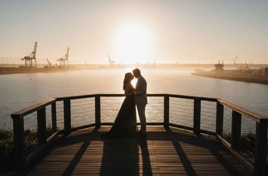 An epic moment captured during a Romantic Pre-Wedding Photography North Geelong Waterfront session, featuring a couple embracing passionately against a dramatic sunset over Corio Bay, with industrial elements in the background, professionally colour-graded and cinematic.