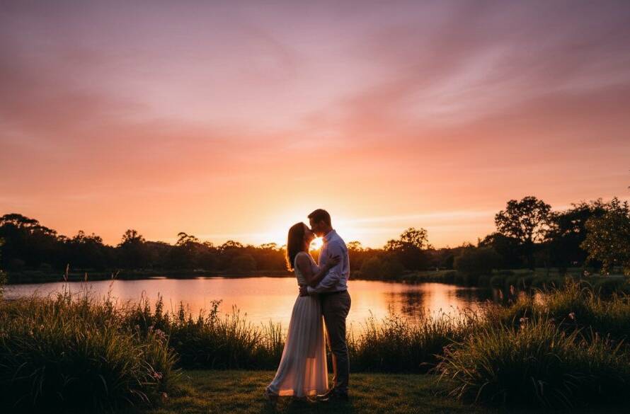 An epic moment captured during Romantic Pre-Wedding Photography Ringwood Gardens, featuring a couple embracing passionately amidst the golden hour glow of a lush garden, with the vibrant colours of a Victoria sunset painting the sky.