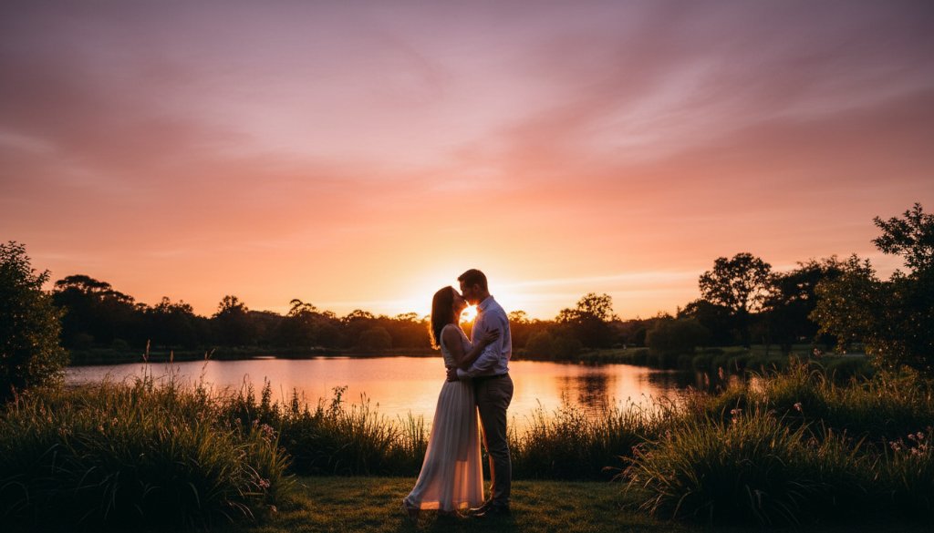An epic moment captured during Romantic Pre-Wedding Photography Ringwood Gardens, featuring a couple embracing passionately amidst the golden hour glow of a lush garden, with the vibrant colours of a Victoria sunset painting the sky.