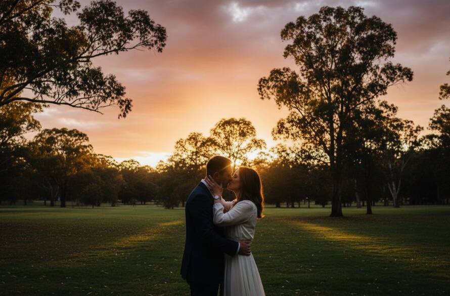 An epic moment captured in romantic pre-wedding photography Ringwood Victoria, featuring a couple embracing passionately at sunset in a lush Ringwood park, with dramatic golden hour lighting and a soft, ethereal glow.