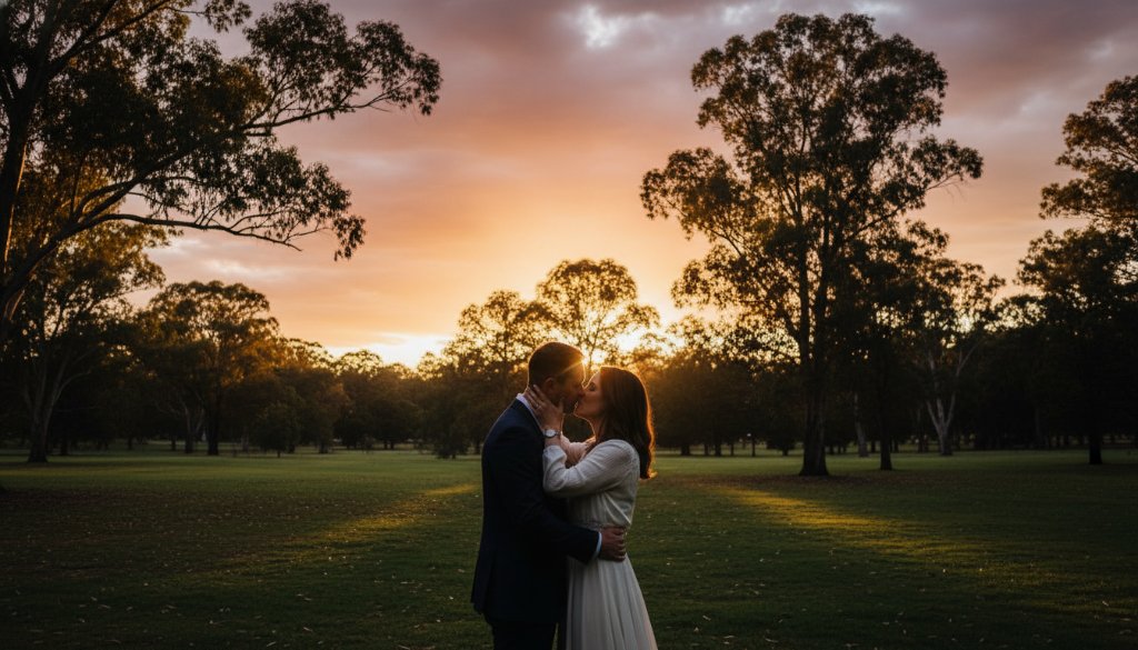An epic moment captured in romantic pre-wedding photography Ringwood Victoria, featuring a couple embracing passionately at sunset in a lush Ringwood park, with dramatic golden hour lighting and a soft, ethereal glow.