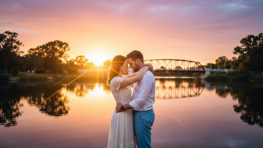 An epic moment captured in romantic pre-wedding photography in Sale, Victoria Lake Gardens, featuring a couple embracing passionately at sunset by the water's edge, dramatic light, and lush greenery.
