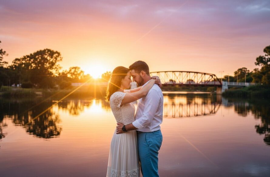 An epic moment captured in romantic pre-wedding photography in Sale, Victoria Lake Gardens, featuring a couple embracing passionately at sunset by the water's edge, dramatic light, and lush greenery.