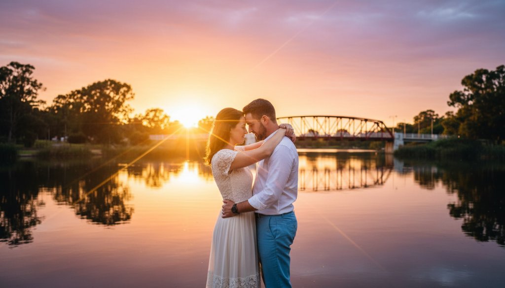 An epic moment captured in romantic pre-wedding photography in Sale, Victoria Lake Gardens, featuring a couple embracing passionately at sunset by the water's edge, dramatic light, and lush greenery.