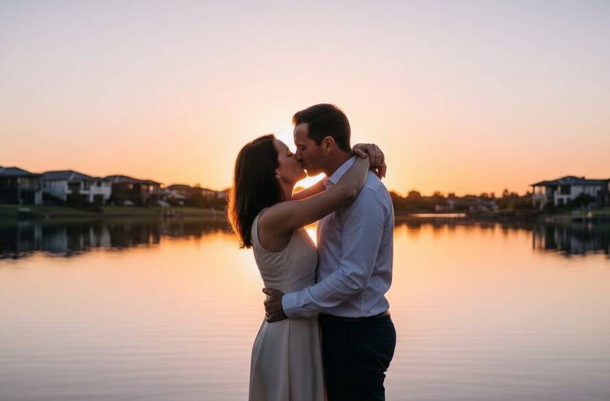 An epic moment of a couple embracing passionately at sunset, with the tranquil waters of Sanctuary Lakes and luxury homes in the background, captured as romantic pre-wedding photography Sanctuary Lakes.