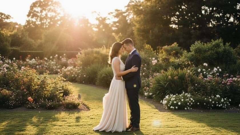 An epic moment captured during a Romantic Pre-Wedding Photography Wantirna South Gardens session, featuring a couple embracing amidst golden hour light in a lush garden setting, with intricate floral details in the foreground and soft bokeh background.