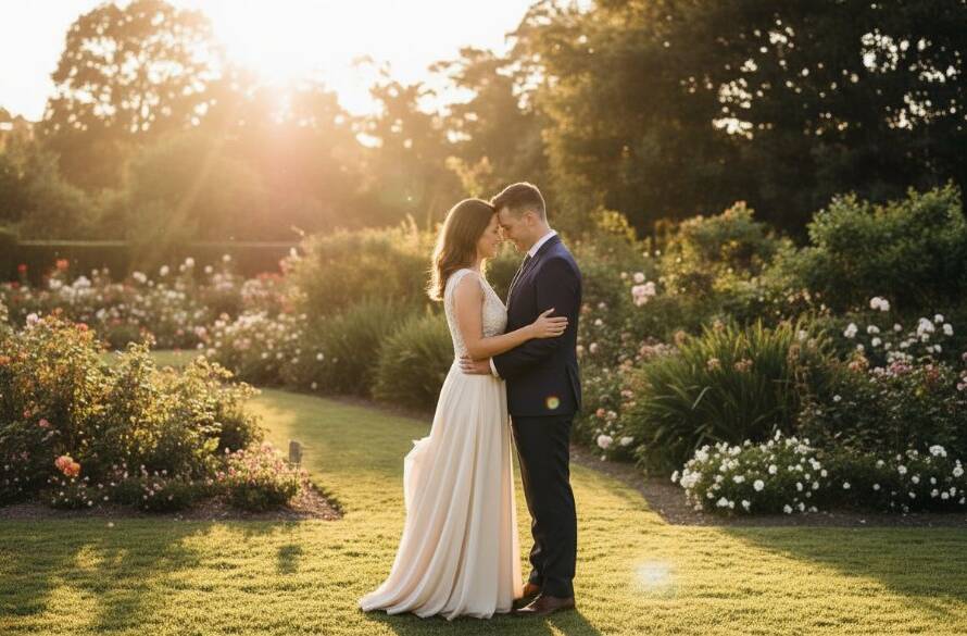 An epic moment captured during a Romantic Pre-Wedding Photography Wantirna South Gardens session, featuring a couple embracing amidst golden hour light in a lush garden setting, with intricate floral details in the foreground and soft bokeh background.