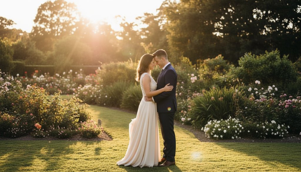 An epic moment captured during a Romantic Pre-Wedding Photography Wantirna South Gardens session, featuring a couple embracing amidst golden hour light in a lush garden setting, with intricate floral details in the foreground and soft bokeh background.