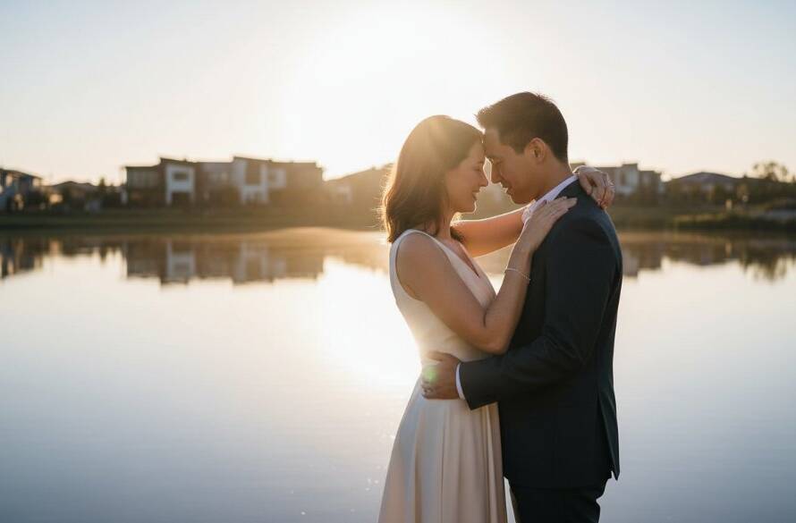 An epic moment captured during a romantic pre-wedding photography Waterways lake photoshoot, featuring a couple embracing dramatically by the serene water at sunset, their silhouettes framed by golden light.
