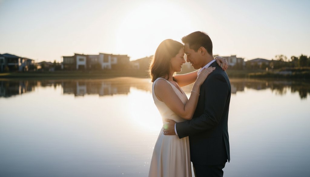 An epic moment captured during a romantic pre-wedding photography Waterways lake photoshoot, featuring a couple embracing dramatically by the serene water at sunset, their silhouettes framed by golden light.