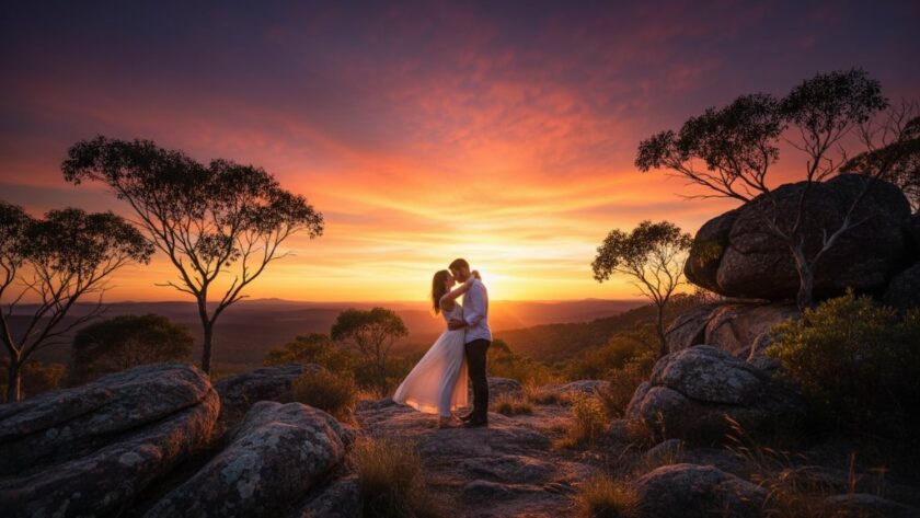 A couple embraces passionately amidst the rugged, sun-drenched landscape of Black Hill, Victoria, capturing romantic pre-wedding photos with dramatic, golden hour backlighting highlighting their silhouettes against distant rolling hills, creating an epic, cinematic moment.
