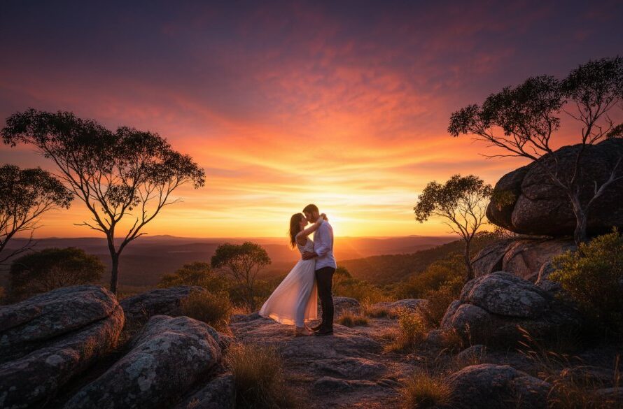 A couple embraces passionately amidst the rugged, sun-drenched landscape of Black Hill, Victoria, capturing romantic pre-wedding photos with dramatic, golden hour backlighting highlighting their silhouettes against distant rolling hills, creating an epic, cinematic moment.