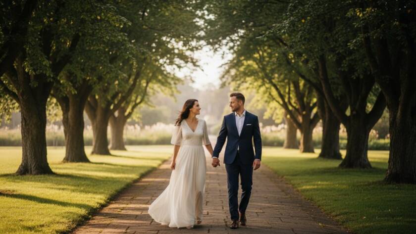 An 'epic moment' style photograph capturing a couple in a tender embrace during their Romantic Pre-Wedding Photos Blackburn North Victoria shoot, bathed in golden hour light amidst lush garden foliage, evoking pure romance.