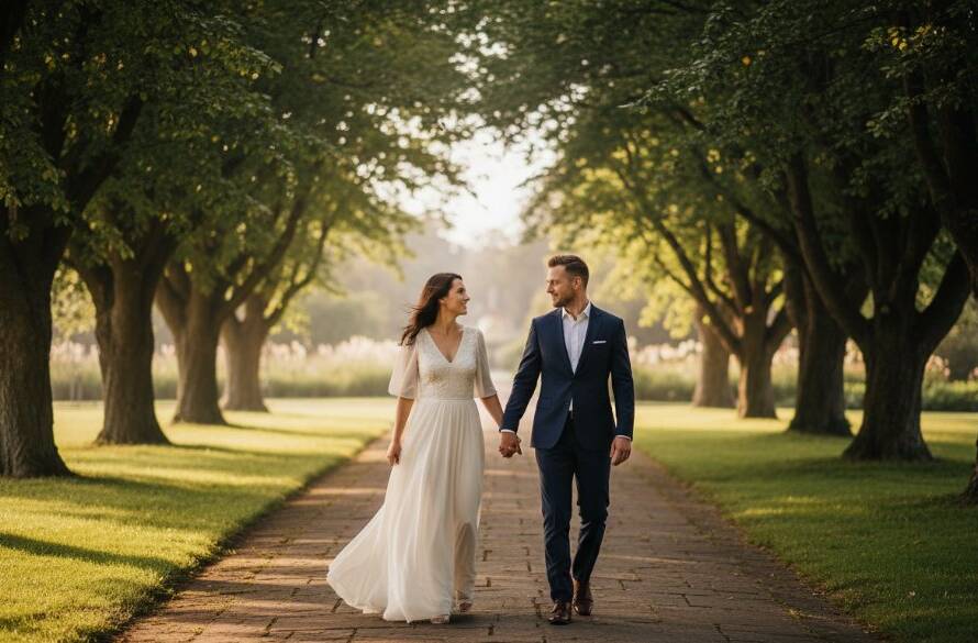 An 'epic moment' style photograph capturing a couple in a tender embrace during their Romantic Pre-Wedding Photos Blackburn North Victoria shoot, bathed in golden hour light amidst lush garden foliage, evoking pure romance.