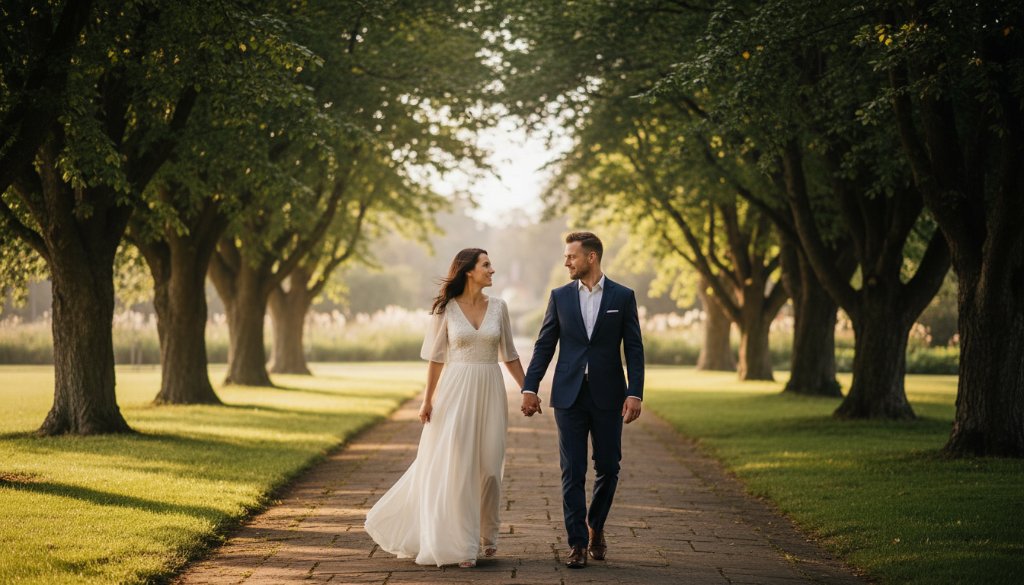 An 'epic moment' style photograph capturing a couple in a tender embrace during their Romantic Pre-Wedding Photos Blackburn North Victoria shoot, bathed in golden hour light amidst lush garden foliage, evoking pure romance.