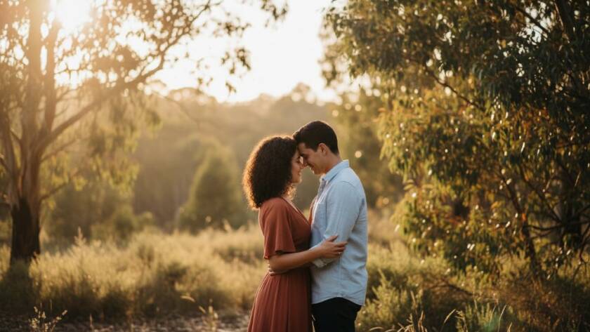 A loving couple embracing gently amidst the golden glow of a lush, natural bushland setting in Croydon Hills, Victoria, during their romantic pre-wedding photos, exuding serene happiness.