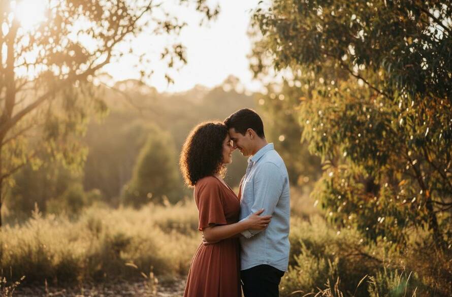 A loving couple embracing gently amidst the golden glow of a lush, natural bushland setting in Croydon Hills, Victoria, during their romantic pre-wedding photos, exuding serene happiness.
