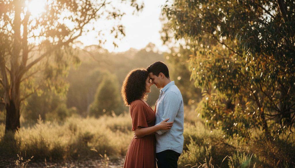 A loving couple embracing gently amidst the golden glow of a lush, natural bushland setting in Croydon Hills, Victoria, during their romantic pre-wedding photos, exuding serene happiness.