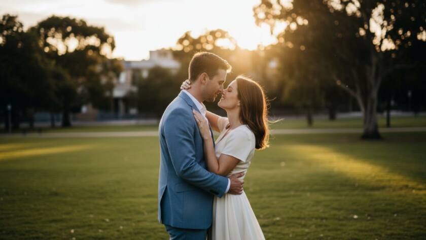 An intimate, epic moment captured in romantic pre-wedding photos Kealba urban charm, featuring a couple embracing under dramatic golden hour light, with the subtle glow of Kealba's urban landscape in the background, showcasing their genuine connection.