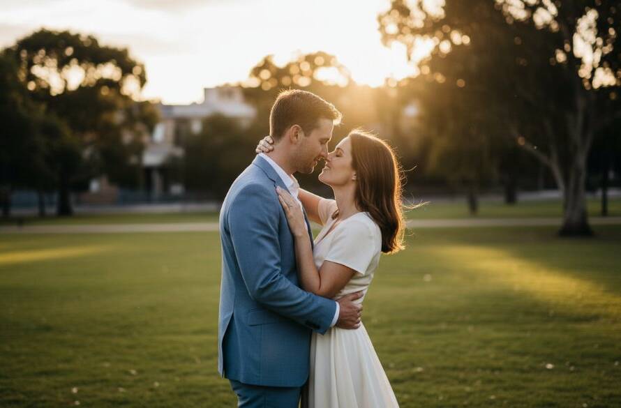 An intimate, epic moment captured in romantic pre-wedding photos Kealba urban charm, featuring a couple embracing under dramatic golden hour light, with the subtle glow of Kealba's urban landscape in the background, showcasing their genuine connection.