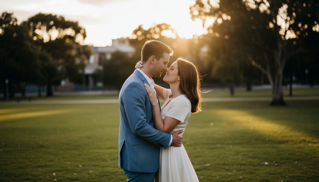 An intimate, epic moment captured in romantic pre-wedding photos Kealba urban charm, featuring a couple embracing under dramatic golden hour light, with the subtle glow of Kealba's urban landscape in the background, showcasing their genuine connection.