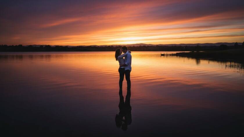 Dramatic wide shot showcasing a couple embracing passionately at sunset by the lake, capturing their romantic pre-wedding photos Manor Lakes Victoria, with golden light reflecting on the water.