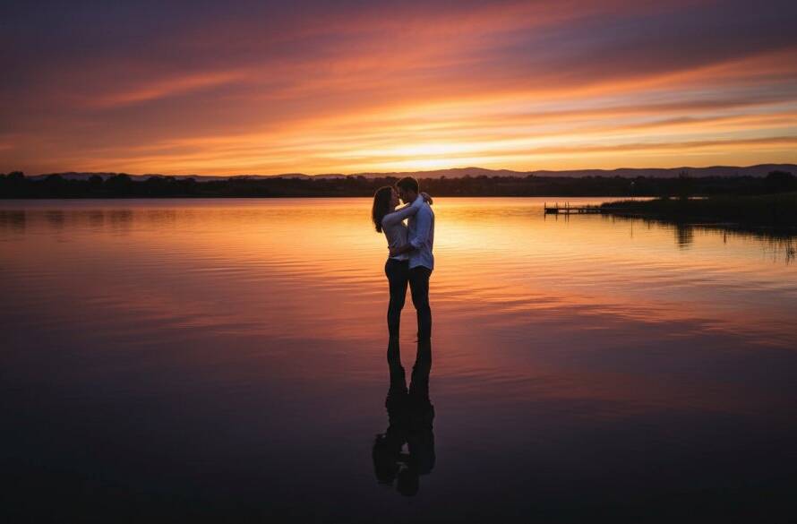 Dramatic wide shot showcasing a couple embracing passionately at sunset by the lake, capturing their romantic pre-wedding photos Manor Lakes Victoria, with golden light reflecting on the water.