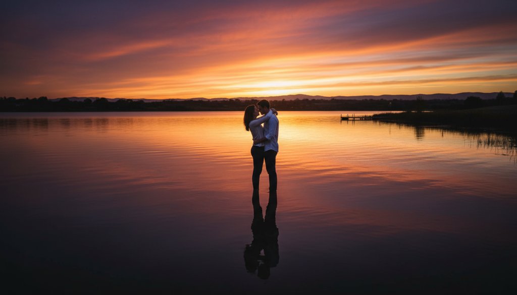Dramatic wide shot showcasing a couple embracing passionately at sunset by the lake, capturing their romantic pre-wedding photos Manor Lakes Victoria, with golden light reflecting on the water.
