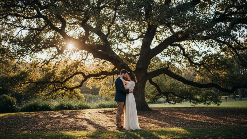 A couple sharing a tender embrace amidst the historic grandeur of Dandenong Heritage Park at sunset, bathed in golden light. This romantic pre-wedding photoshoot Dandenong heritage park moment captures pure emotion with professional color grading and a cinematic wide shot.