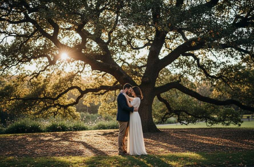 A couple sharing a tender embrace amidst the historic grandeur of Dandenong Heritage Park at sunset, bathed in golden light. This romantic pre-wedding photoshoot Dandenong heritage park moment captures pure emotion with professional color grading and a cinematic wide shot.
