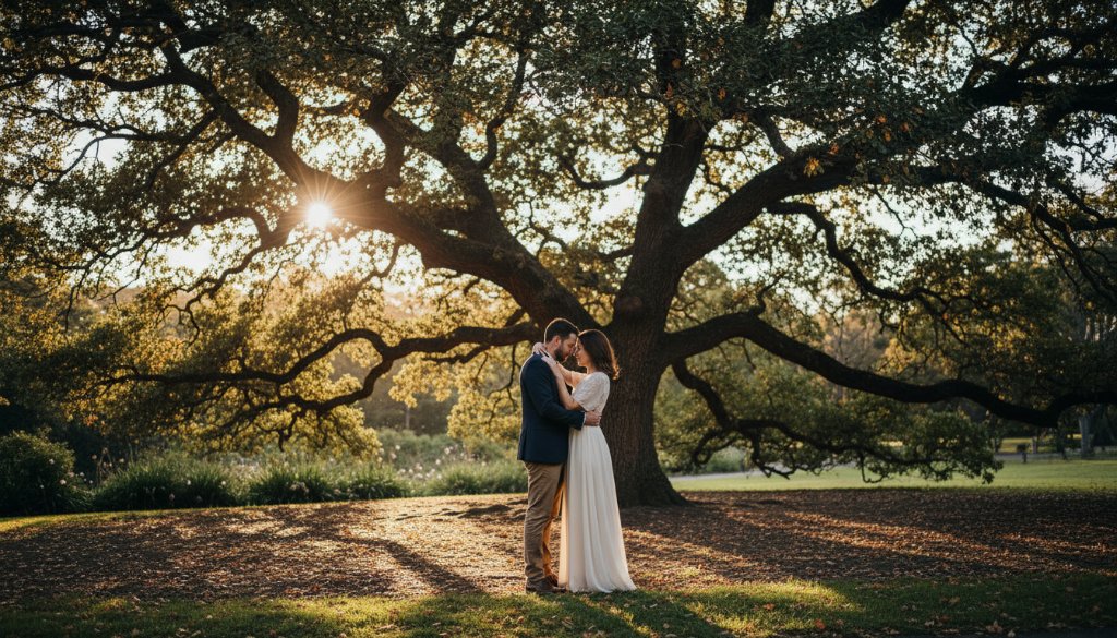 A couple sharing a tender embrace amidst the historic grandeur of Dandenong Heritage Park at sunset, bathed in golden light. This romantic pre-wedding photoshoot Dandenong heritage park moment captures pure emotion with professional color grading and a cinematic wide shot.