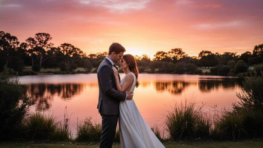 A romantic pre-wedding photoshoot Dandenong North parks moment: A couple in elegant attire shares a tender embrace under dramatic golden hour light, framed by lush greenery in a Dandenong North park, showcasing their profound connection.