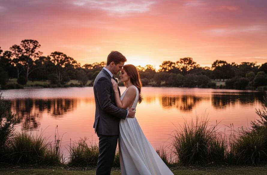 A romantic pre-wedding photoshoot Dandenong North parks moment: A couple in elegant attire shares a tender embrace under dramatic golden hour light, framed by lush greenery in a Dandenong North park, showcasing their profound connection.