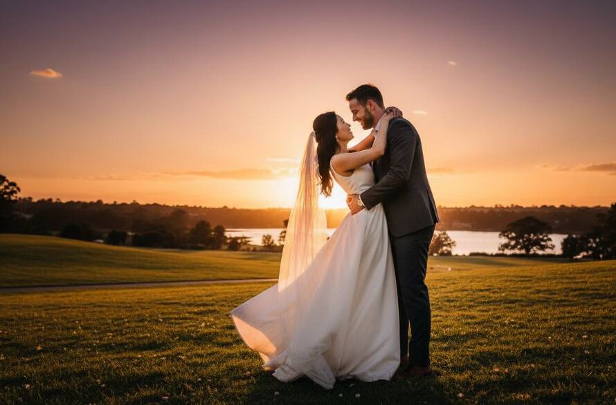 A couple shares a tender, joyous embrace during their romantic pre-wedding photoshoot Doncaster East Victoria, bathed in the golden light of sunset, against a backdrop of lush parkland, evoking timeless emotion.