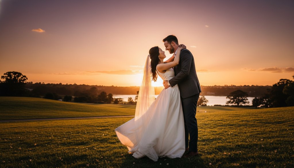 A couple shares a tender, joyous embrace during their romantic pre-wedding photoshoot Doncaster East Victoria, bathed in the golden light of sunset, against a backdrop of lush parkland, evoking timeless emotion.