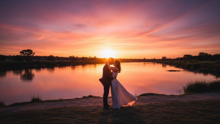 A romantic pre-wedding photoshoot Horsham Victoria couple embracing dramatically at sunset by the Wimmera River, with golden light silhouetting them against a vibrant sky, capturing an epic moment.