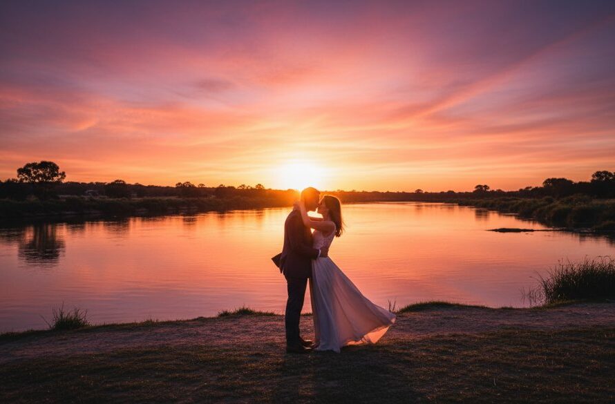 A romantic pre-wedding photoshoot Horsham Victoria couple embracing dramatically at sunset by the Wimmera River, with golden light silhouetting them against a vibrant sky, capturing an epic moment.