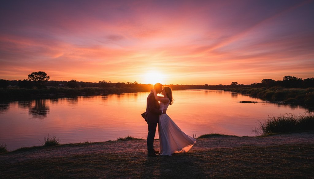 A romantic pre-wedding photoshoot Horsham Victoria couple embracing dramatically at sunset by the Wimmera River, with golden light silhouetting them against a vibrant sky, capturing an epic moment.