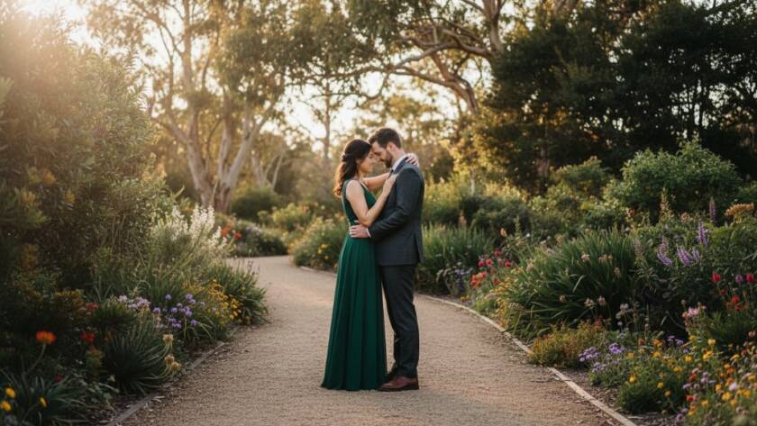 An enchanting wide-angle shot of a couple embracing amidst a vibrant flower bed in a Hughesdale garden at golden hour, capturing a romantic pre-wedding photoshoot Hughesdale Gardens Melbourne, with soft, golden light filtering through trees and dramatic, painterly bokeh in the background.