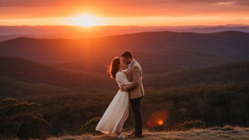 An emotionally charged 'epic moment' photograph capturing a couple sharing an intimate embrace at sunset, showcasing the romantic pre-wedding photoshoot Knoxfield natural beauty with soft, golden light filtering through eucalyptus trees.