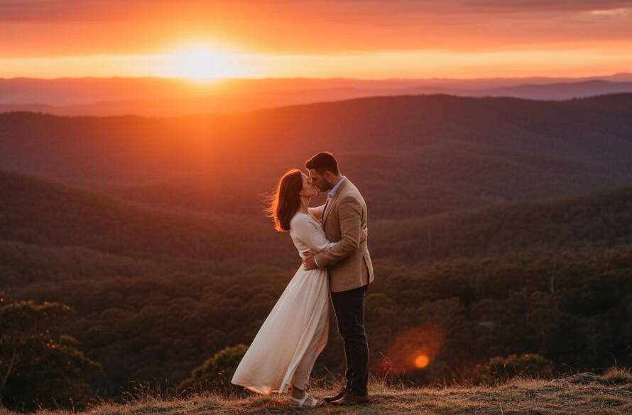 An emotionally charged 'epic moment' photograph capturing a couple sharing an intimate embrace at sunset, showcasing the romantic pre-wedding photoshoot Knoxfield natural beauty with soft, golden light filtering through eucalyptus trees.