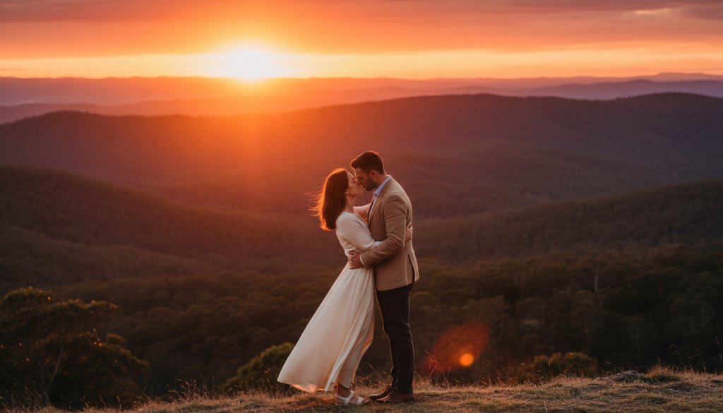 An emotionally charged 'epic moment' photograph capturing a couple sharing an intimate embrace at sunset, showcasing the romantic pre-wedding photoshoot Knoxfield natural beauty with soft, golden light filtering through eucalyptus trees.