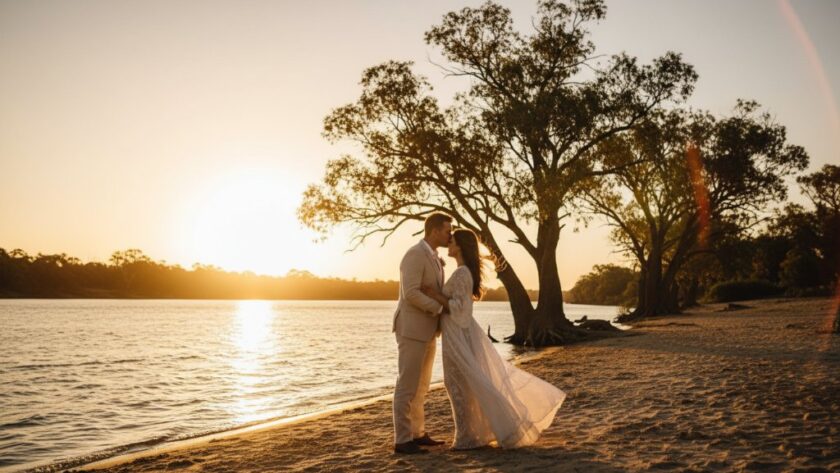 An epic moment capture of a couple embracing passionately at sunset on the banks of the Murray River in Mildura, dramatic golden light silhouetting them against the water, showcasing a romantic pre-wedding photoshoot Mildura Murray River.