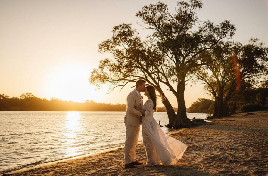 An epic moment capture of a couple embracing passionately at sunset on the banks of the Murray River in Mildura, dramatic golden light silhouetting them against the water, showcasing a romantic pre-wedding photoshoot Mildura Murray River.