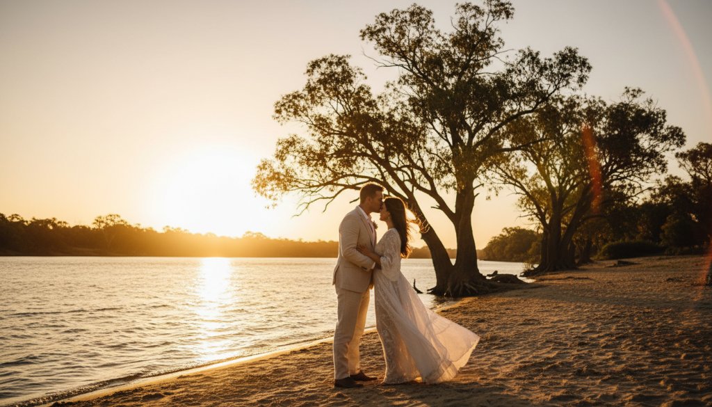 An epic moment capture of a couple embracing passionately at sunset on the banks of the Murray River in Mildura, dramatic golden light silhouetting them against the water, showcasing a romantic pre-wedding photoshoot Mildura Murray River.