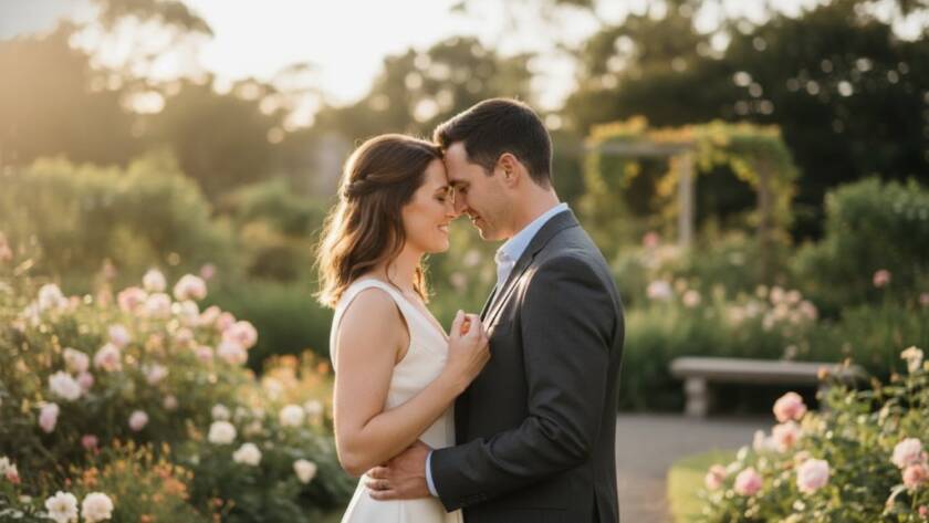 An engaged couple shares a tender, romantic moment during their Romantic Pre-Wedding Photoshoot Mont Albert North Gardens, bathed in dramatic golden hour light, with lush greenery and elegant garden architecture in the background, professionally captured with cinematic colour grading.
